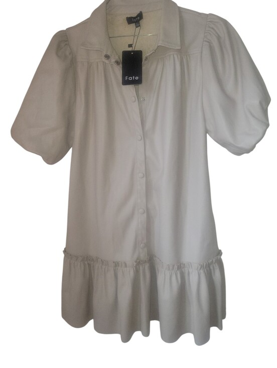 Fate Dresses & Skirts - Fate Faux Leather Biege/Cream Puff Sleeve Button-Front Ruffled Hem NWT L